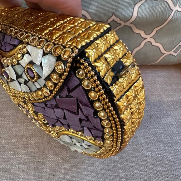 RAMLA Handmade Mosaic Mother-of-Pearl & Purple Stone Half-Moon Clutch | NWOT - Picture 7 of 9